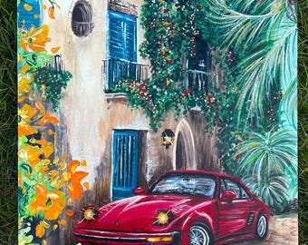 Original Acrylic Painting Red Sports Car Wall Art, Mediterranean Street Scene, Luxury Car Decor
