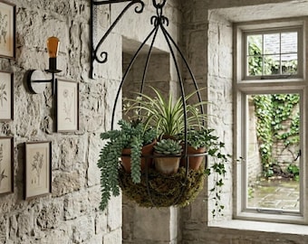 Heavy Duty Wrought Iron Hanging Basket 24x12 | Amish Craft Plant Hanger | Porch & Garden Planter Holder