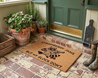 Funny Doormat “Strawberry Jams But My Glock Don’t” | Welcome Mat | Housewarming & Apartment Gift | Quirky Entry Rug
