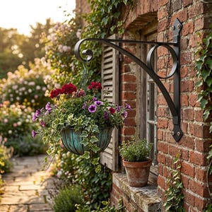 May include: A black metal hanging plant bracket attached to a red brick wall. A hanging planter filled with purple and red flowers and green foliage is suspended from the bracket. A small terracotta pot with a green plant sits on the windowsill.