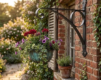18" Corona Large Wrought Iron Plant Bracket, Heavy Duty Garden Wall Hanger, Outdoor Flower Pot Hook, Rustic Metal Hanging Basket Support