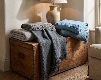 Basket Weave Turkish Cotton Throw Blanket | Stonewashed Soft Blanket for Sofa Bed | Modern Home Decor