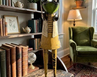 Vintage Style Metal Frog Sculpture 17.25" | Recycled Scrap Metal Yard Art | Garden & Porch Decor