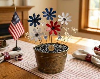 Red White Blue Metal Daisy Garden Stakes, Set of 6 Rustic Patriotic Flowers, USA Yard Decoration