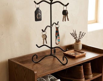Wrought Iron Mug Holder for 6 Cups, Handmade Coffee Mug Tree, Coffee Bar Organizer, Rustic Kitchen Storage Rack