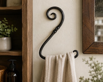 Rustic Hand Forged Scroll Towel Holder, Blacksmith Iron Rack, Farmhouse Bathroom Storage