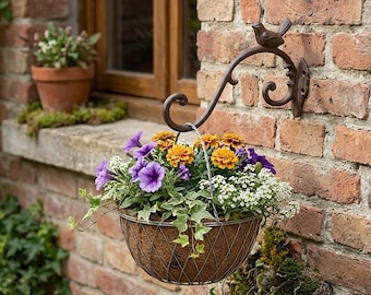 Large Cast Iron Bird Wall Hook, Hanging Flower Basket Holder, Lantern & Bird Feeder Hanger, Rustic Garden Decor