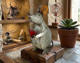 Rustic Recycled Metal Mouse Sculpture | Red Heart Home Decor | Outdoor Garden Art