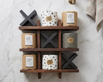 Wooden Toilet Paper Holder Chestnut, Tic Tac Toe Bathroom Art, Funny Wall Decor, Rustic Bathroom Storage