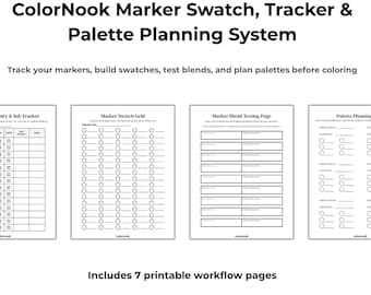 May include: Printable marker art planning pages, including a marker inventory, swatch grid, bleed testing, and palette planning pages. The title reads "ColorNook Marker Swatch, Tracker & Palette Planning System". Includes 7 printable workflow pages.