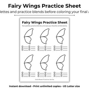 May include: A white sheet titled "Fairy Wings Practice Sheet" with black line drawings of fairy wings and colour palette guides. The text reads "Test palettes and practice blends before colouring your final artwork."