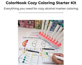 May include: A ColorNook Cozy Coloring Starter Kit with alcohol markers, a pink marker holder, and coloring practice sheets. The kit includes a sheet with a butterfly wing design and color charts. The text on the image says "ColorNook Cozy Coloring Starter Kit".