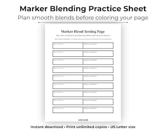 May include: A white Marker Blending Practice Sheet with the text "Marker Blend Testing Page" and instructions for testing colour transitions. The sheet includes areas for testing blends and recording marker combinations. The text "colornook" is at the bottom.