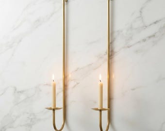 Handmade Solid Brass Candle Sconce Pair, Long Wall Mounted Taper Candle Holder, Vintage Style Minimalist Metal Decor, Farmhouse Lighting