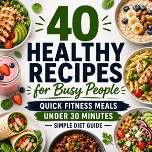 Op de afbeelding: Een promotieafbeelding met gezonde maaltijden en de tekst "40 GEZONDE RECEPTEN voor Drukke Mensen". De afbeelding toont kommen met eten, wraps en een smoothie, met tekst die snelle fitnessmaaltijden in minder dan 30 minuten aangeeft.