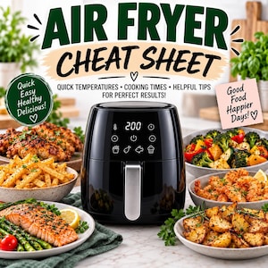 Op de afbeelding: Een zwarte airfryer met een digitaal display op 200 graden, omringd door kommen met bereid voedsel zoals zalm, asperges, friet, garnalen en groenten. De tekst luidt AIR FRYER CHEAT SHEET, QUICK TEMPERATURES, COOKING TIMES, HELPFUL TIPS FOR PERFECT RESULTS, QUICK EASY HEALTHY DELICIOUS en Good Food Happier Days.