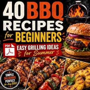 May include: A digital cookbook cover with the text "40 BBQ Recipes for Beginners" in white and orange. The image features grilled food, including a burger, chicken, skewers, corn, and pineapple. The text "Easy Grilling Ideas for Summer" is also present.
