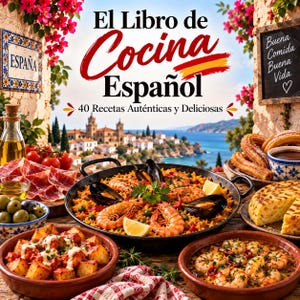 May include: A cookbook titled El Libro de Cocina Español featuring 40 Recetas Auténticas y Deliciosas, displayed with a spread of Spanish dishes including paella with shrimp and mussels, patatas bravas, churros, and jamón on a rustic table.