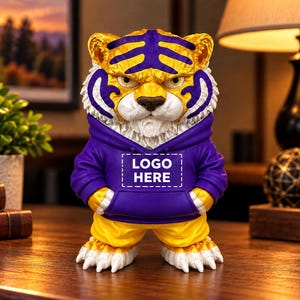 May include: A stylised tiger figurine featuring yellow fur with purple stripes, wearing a purple hooded sweatshirt with the text "LOGO HERE" printed in white on the front, and yellow trousers. The tiger has white paws with claws and a white chest.