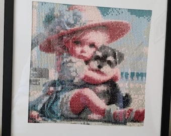 Framed Diamond Painting: Girl with Puppy, Sparkly Mosaic Art, Nursery Decor