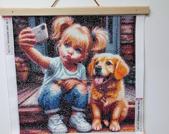 Framed diamond painting wall art/ selfie girl with puppy/ handmade sparkly mosaic art