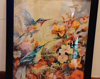 Finished Paint by Number- Framed Hummingbird Floral Wall art