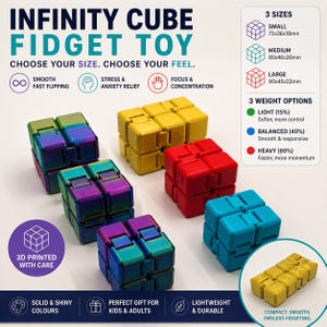 May include: A selection of Infinity Cube fidget toys in various colours. The image shows cubes in yellow, red, blue, and iridescent shades. Text highlights features like stress relief and focus. The cubes come in three sizes: small (7.2x3.6x1.8cm), medium (8x4x2cm), and large (9x4.5x2.2cm).