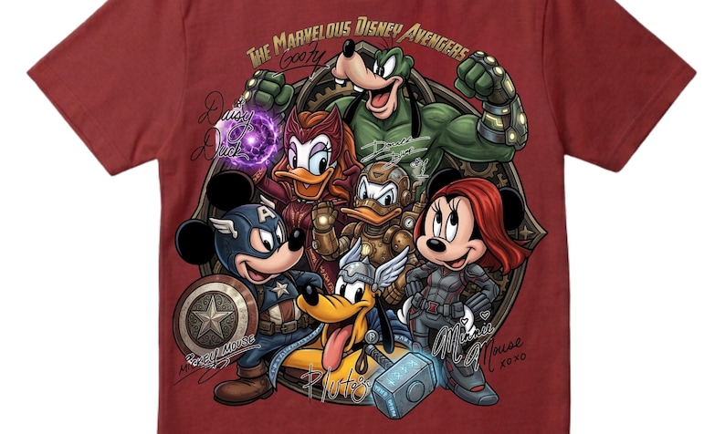 May include: Maroon t-shirt featuring a graphic of Disney characters as Avengers. The design includes Mickey Mouse as Captain America, Minnie Mouse as Black Widow, and Goofy as the Hulk, with text that reads "The Marvelous Disney Avengers".
