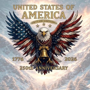Può includere: Illustrazione grafica di un'aquila calva con ali spiegate, con piume rosse, bianche e blu. L'aquila indossa una catena dorata con un ciondolo della Liberty Bell. Testo: UNITED STATES OF AMERICA, LIBERTY'S SEMI-QUINCENTENNIAL, 1776, 2026, 250th ANNIVERSARY.
