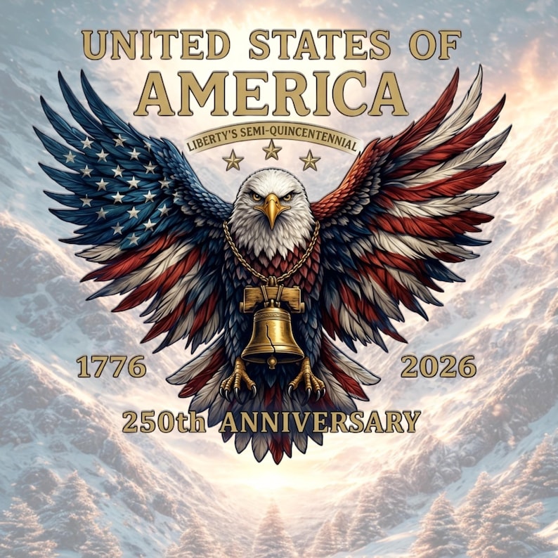 Op de afbeelding: Een grafische illustratie van een Amerikaanse zeearend met gespreide vleugels in rood, wit en blauw. De adelaar draagt een gouden ketting met een Liberty Bell-hanger. Tekst: UNITED STATES OF AMERICA, LIBERTY'S SEMI-QUINCENTENNIAL, 1776, 2026, 250th ANNIVERSARY.