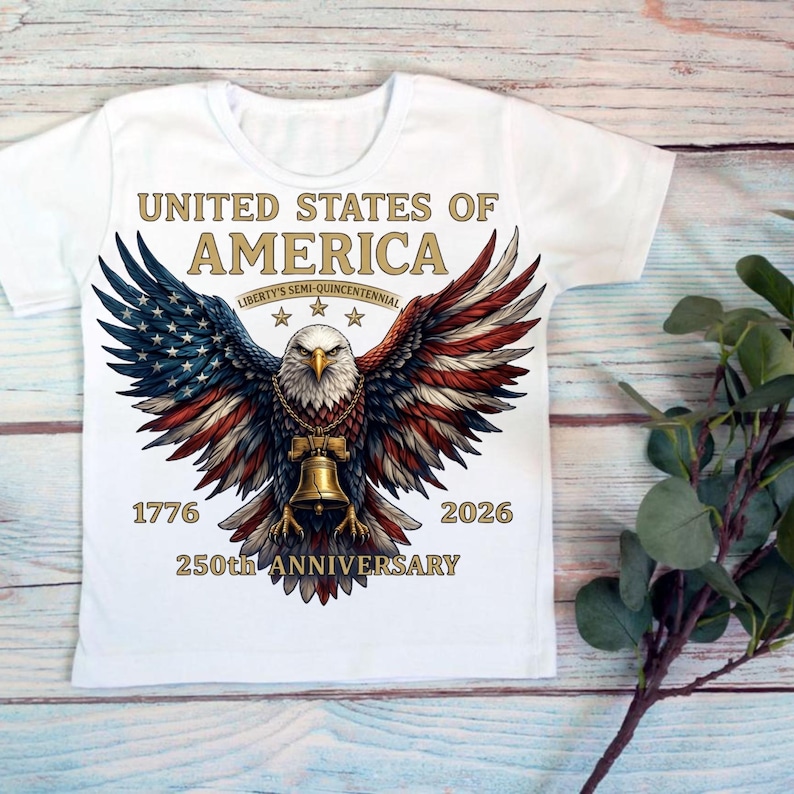 Op de afbeelding: Een wit t-shirt met een afbeelding van een Amerikaanse zeearend met gespreide vleugels in rood, wit en blauw. De adelaar draagt een gouden bel als ketting. De tekst luidt: UNITED STATES OF AMERICA, LIBERTY'S SEMI-QUINCENTENNIAL, 1776, 2026, 250th ANNIVERSARY.