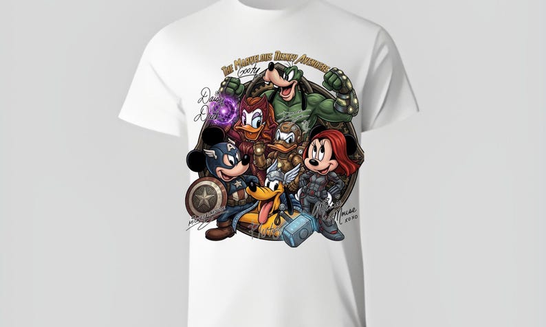 May include: White t-shirt featuring a colorful graphic of Disney characters as Marvel Avengers. Mickey Mouse as Captain America, Goofy as Hulk, and Minnie Mouse as Black Widow are among the characters. The text "The Marvel-ous Disney Avengers" is at the top.