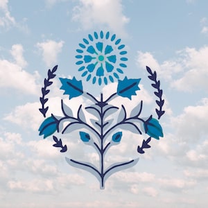 May include: A graphic illustration of a symmetrical floral motif featuring a central circular bloom with radiating petals, flanked by dark blue leafy branches and smaller buds, all rendered in shades of blue against a cloudy sky background.