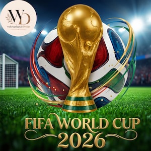 May include: A gold FIFA World Cup trophy stands in front of a soccer ball with red, blue, and green accents. The text FIFA WORLD CUP 2026 appears in gold lettering at the bottom. A circular logo with the letters WD is in the top left corner.