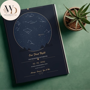 May include: A dark blue rectangular star map print featuring a circular constellation chart, mountain silhouettes, and gold text reading Our First Night, THE BEGINNING OF FOREVER, 25.05.2023, MUMBAI, MAHARASHTRA, INDIA, 19.0760 N, 72.8777 E, and Always. Forever. You & Me.