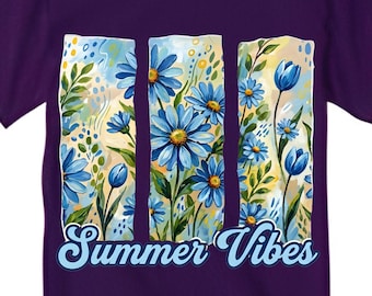 Summer Vibes Blue Floral T-Shirt, Watercolor Wildflower Botanical Graphic Tee