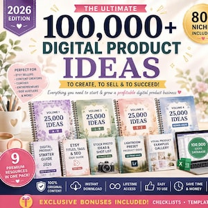 May include: A digital product bundle titled 100,000+ Digital Product Ideas 2026 Edition, featuring four spiral-bound volumes, five smaller guidebooks, and a laptop displaying a database. The graphic includes text lists of contents and bonuses.