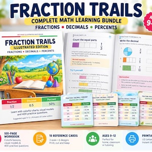 Könnte beinhalten: Ein 100-seitiges Mathematik-Arbeitsbuch mit dem Titel Fraction Trails und einem illustrierten Einband, der einen Schreibtisch, einen Globus und einen Apfel zeigt. Das Set enthält 18 Referenzkarten mit Brüchen, Dezimalzahlen und Prozenten für 9-12-Jährige.