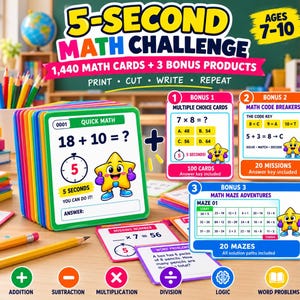 Pode incluir: Um conjunto de cartões educativos 5-Second Math Challenge com 1.440 cartões de matemática e 3 produtos bónus. Os cartões exibem problemas, uma estrela de desenho animado e temporizadores. Inclui cartões de escolha múltipla e labirintos.