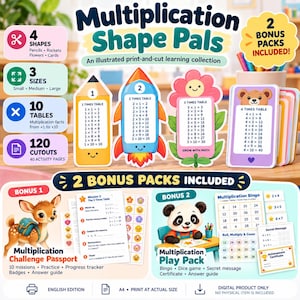 May include: A digital print-and-cut learning collection titled Multiplication Shape Pals featuring 4 shapes, 3 sizes, 10 multiplication tables, and 120 cutouts. Includes 2 bonus packs: a Multiplication Challenge Passport and a Multiplication Play Pack.