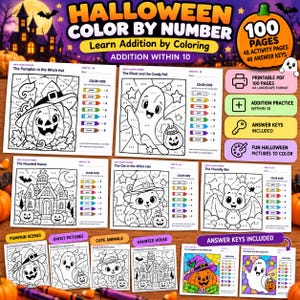 May include: A Halloween color by number activity book featuring 100 pages of addition practice within 10. The book includes printable PDF pages in A4 landscape format, answer keys, and various illustrations of pumpkins, ghosts, cats, and bats.