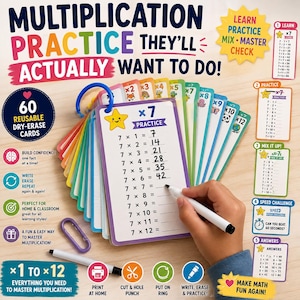 May include: A set of 60 reusable dry-erase multiplication practice cards on a blue plastic ring. The cards feature colorful borders, multiplication tables from 1 to 12, and cute illustrations. Includes two white dry-erase markers for writing answers.
