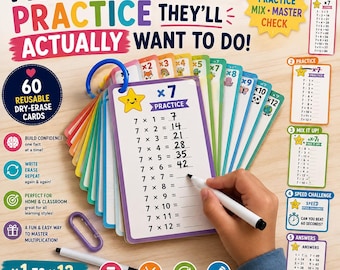 May include: A set of 60 reusable dry-erase multiplication practice cards on a blue plastic ring. The cards feature colourful borders, multiplication tables from 1 to 12, and cute illustrations. Includes two white dry-erase markers for writing answers.