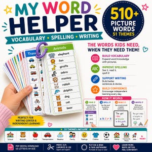 May include: A set of My Word Helper vocabulary cards featuring 510 picture words across 51 themes. The cards are held together by a purple ring and display colorful illustrations of animals and transportation. The set includes instructions for use.