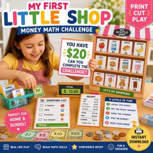 以下が含まれることがあります： My First Little Shop算数チャレンジセット。木製の店舗棚、食品カード、買い物リスト、レシート、おもちゃの紙幣と硬貨、そして「You Have $20 Can You Complete The Challenge」というテキストが書かれたチャレンジカードが含まれています。