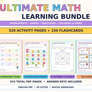 Peut inclure: Ultimate Math Learning Bundle pour les 6-10 ans avec 520 pages d'activités et 150 cartes mémo. Comprend des exercices de multiplication, des jeux de course, du coloriage par numéro et des cartes. 674 pages PDF avec corrigés.