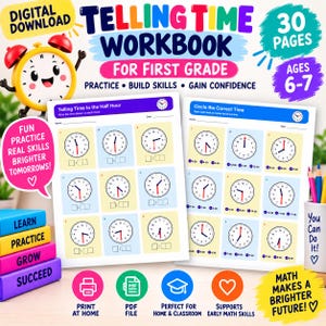 First Grade Math Worksheets Bundle: Telling Time, Addition & Subtraction, Bingo Games, 118-Page Printable PDF