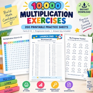 10 000 utskrivbara multiplikationsblad | Multiplikationstabeller 0-12 | 200 matteövningsblad + bonusspel och ordproblem