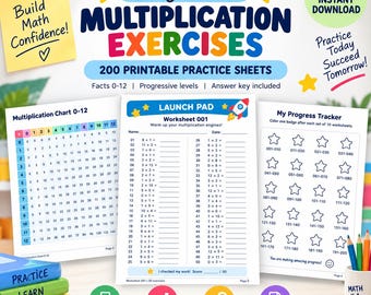 10 000 hojas de ejercicios de multiplicación imprimibles | Tablas de multiplicar del 0 al 12 | 200 hojas de práctica de matemáticas + juegos y problemas adicionales