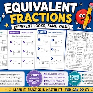 Peut inclure: Un ensemble de fiches pédagogiques intitulées Equivalent Fractions pour les niveaux 3 à 6, comprenant plus de 160 pages d'exercices de mathématiques, de jeux et d'activités de coloriage. Les pages incluent des problèmes de niveaux variés.